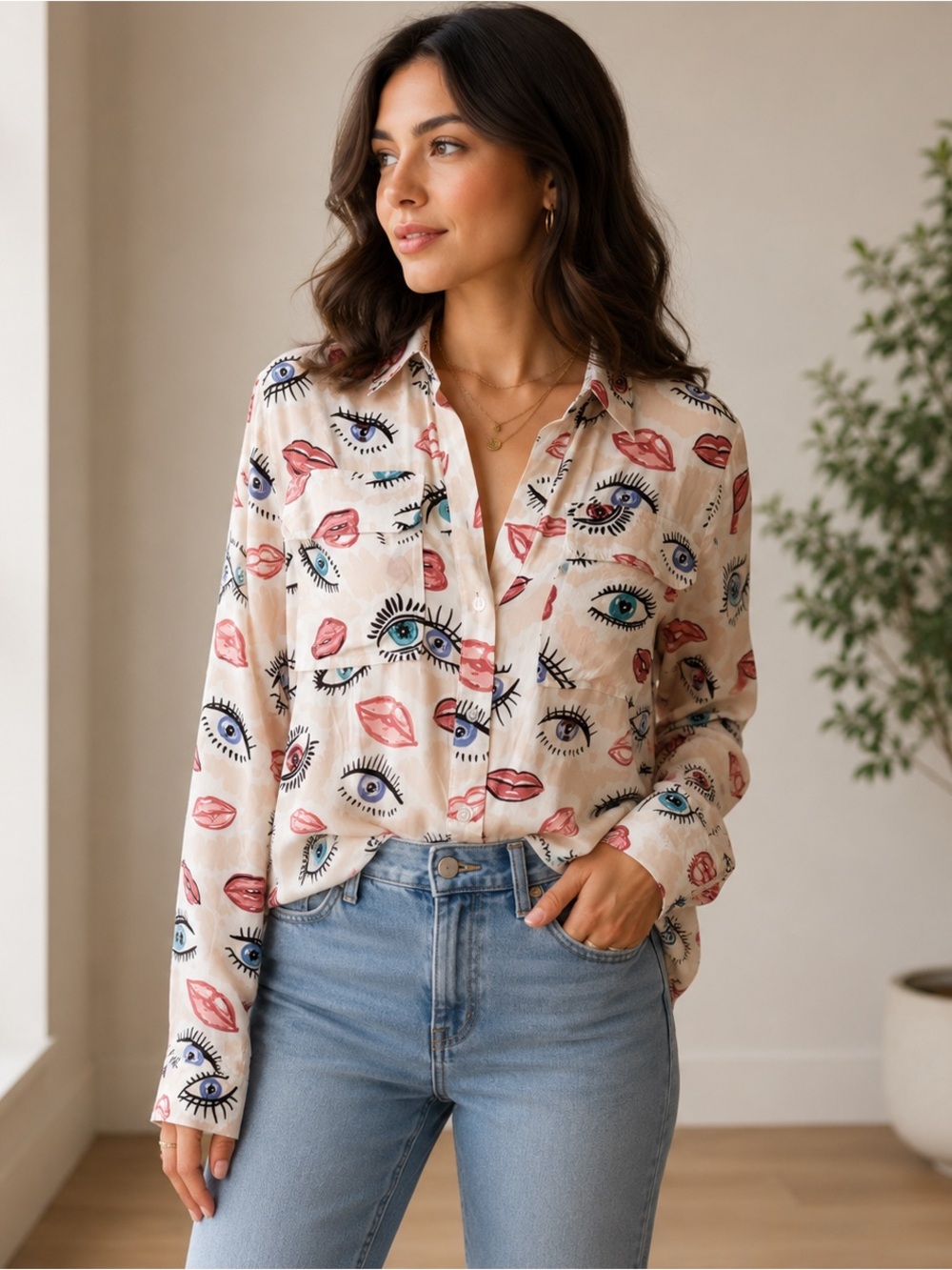 Milk & Honey Eye Lip Print Button Down Blouse Artsy Graphic Pop Art Top Medium